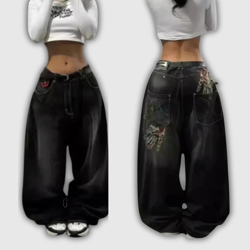 Y2K Gothic Embroidered Wide Leg Jeans – Washed Streetwear Style