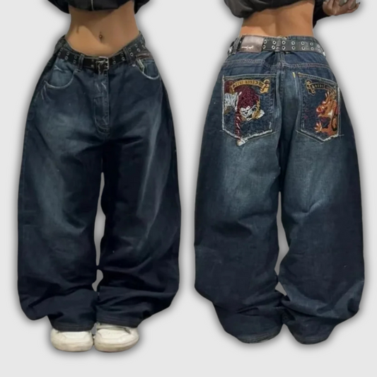 NeoGrunge Unisex Embroidered Street Jeans – Y2K Wide Fit