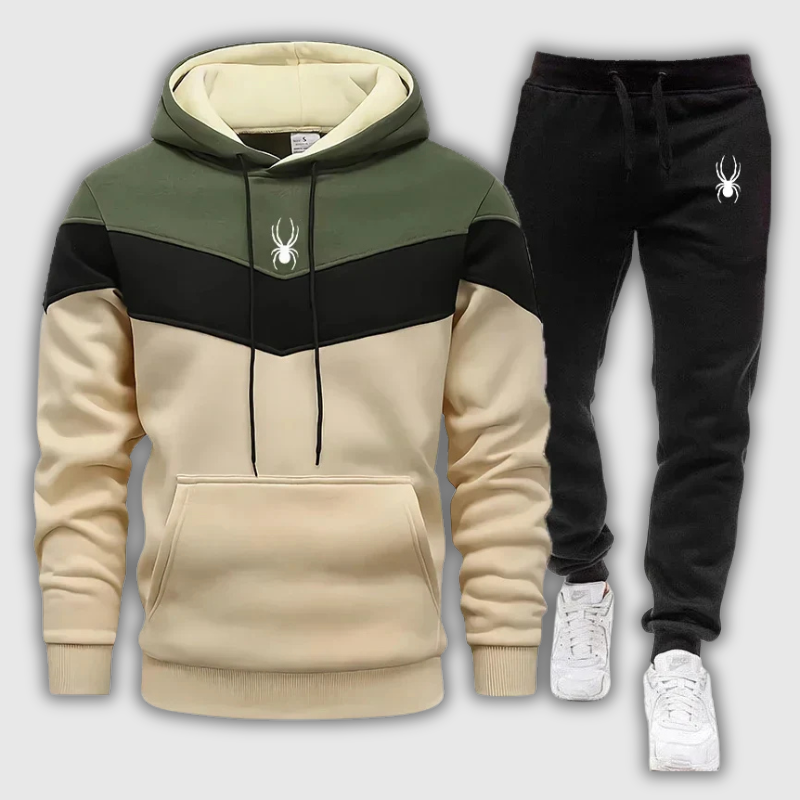 Men’s Tricolor Fleece Tracksuit — Patchwork Hoodie & Joggers Set