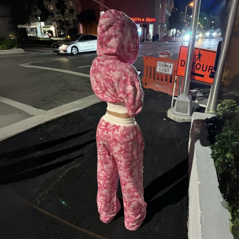 Y2K Pink Camouflage 1+2-Piece Set – Short Zip Hoodie and Sports Pants