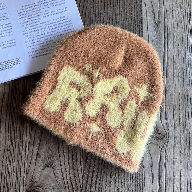 Y2K Letter Plush Beanie — Fluffy Warm Hip Hop Cap