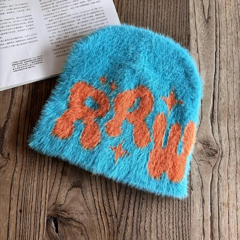 Y2K Letter Plush Beanie — Fluffy Warm Hip Hop Cap