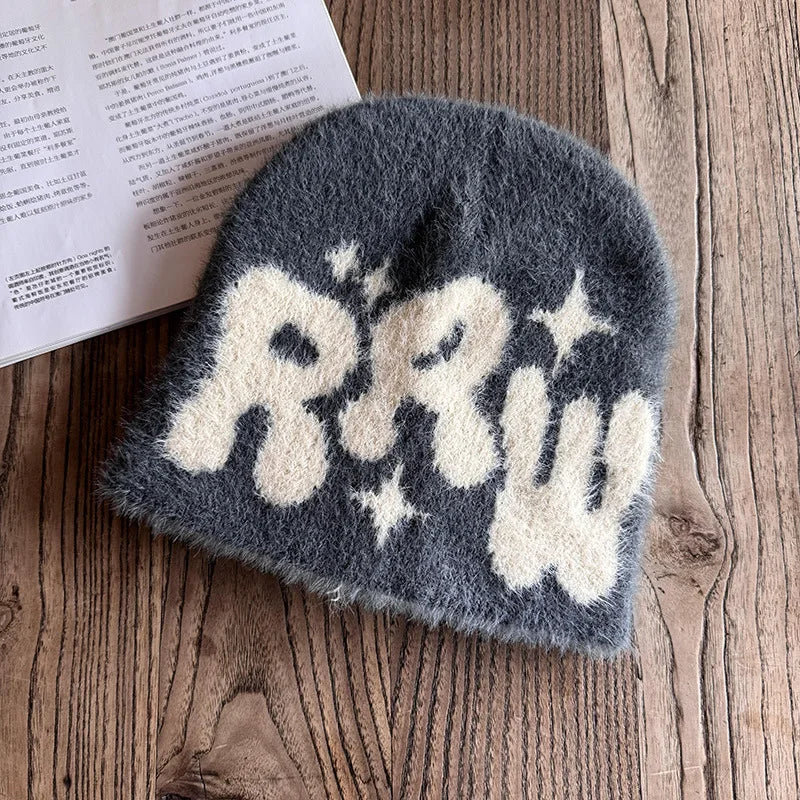 Y2K Letter Plush Beanie — Fluffy Warm Hip Hop Cap