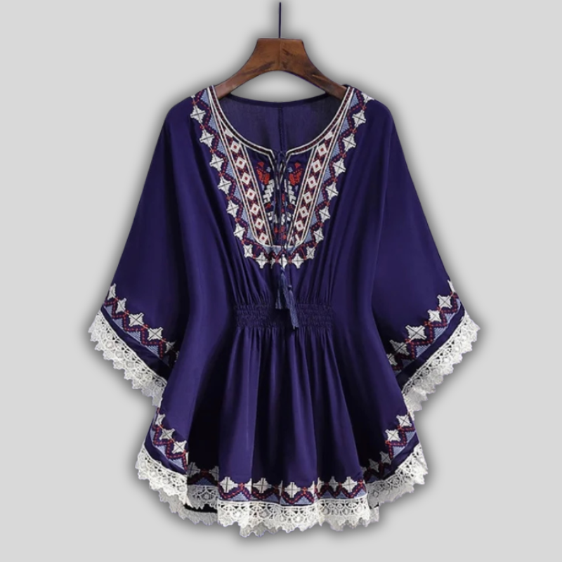 Boho Embroidered Lace-Hem Kimono Top – Retro Loose Cotton Batwing Sleeve Tee