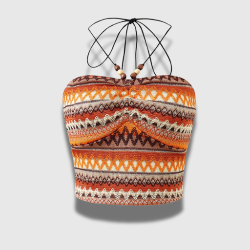 Geo Pattern Beaded Halter Crop Top - Summer Vacation Style Backless Crop Top