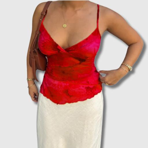 Women Summer Vintage Y2K Floral Mesh Spaghetti Strap Crop Tank