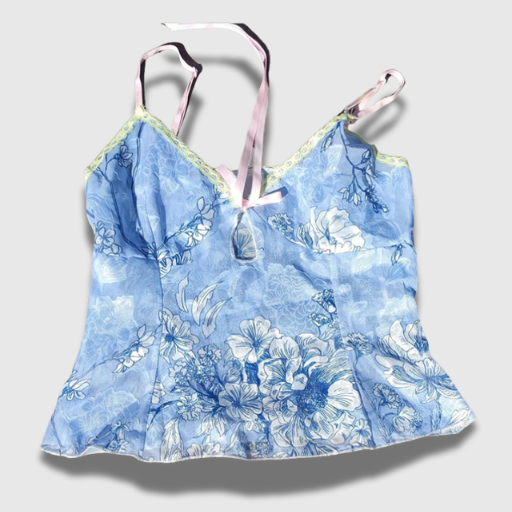 Fairy Coquette Floral Mesh Camisole – Sheer Lace Trim Tie-Up Crop Top