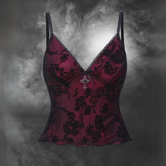 Y2K Style Floral Camisole with Cross Pendant — Double Layer Spaghetti Strap Color Block Slingback Top