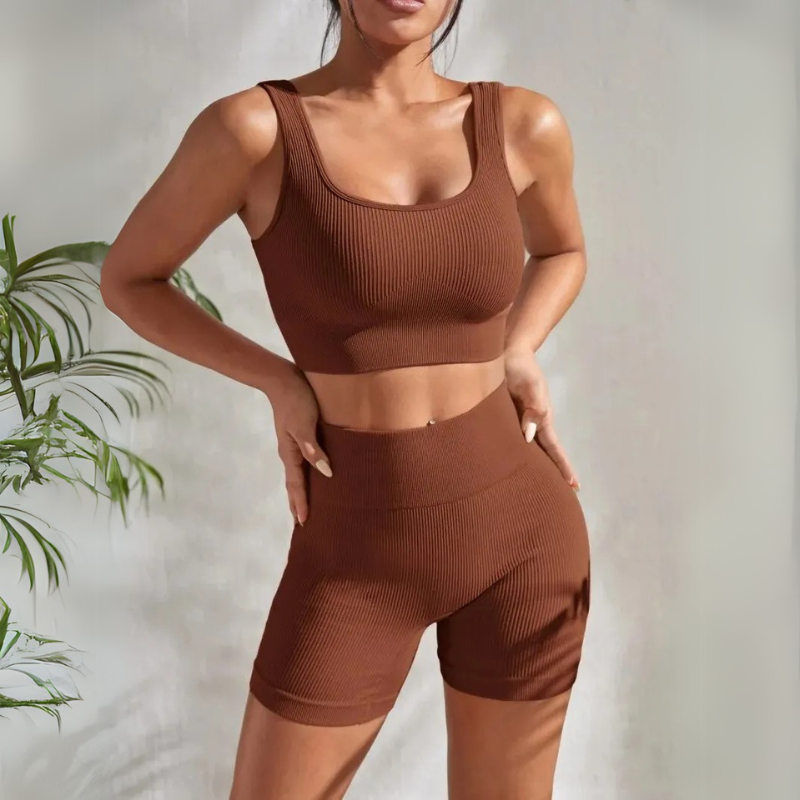 Seamless Ribbed Yoga Set – 2-Piece Gym Suit with High Waist Shorts & Crop Tank for Women