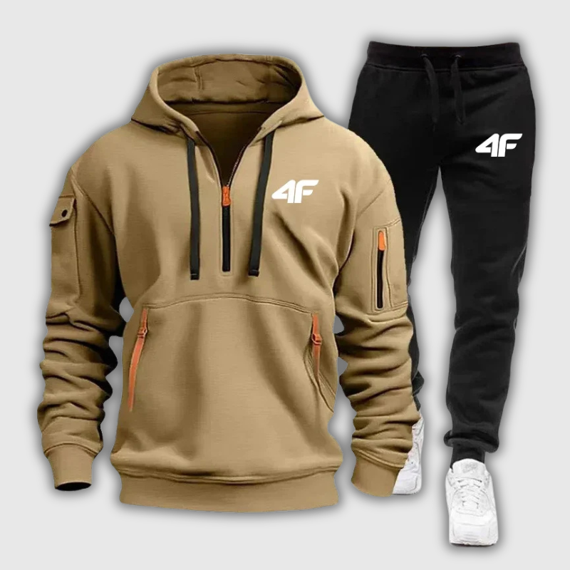 Men's Zipper Hooded Tracksuit – Multi-Pocket Jogging Tracksuit with Protective Pants