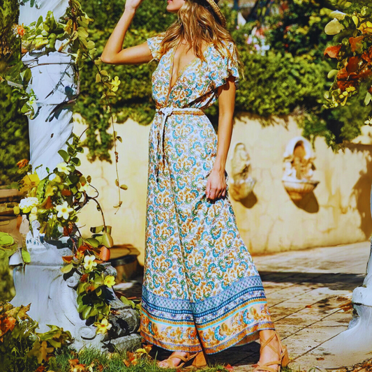 Boho Floral Print Romper with Pockets – Short Sleeve Rayon for Women