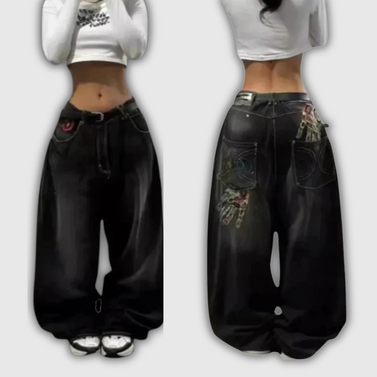 Y2K Gothic Embroidered Wide Leg Jeans – Washed Streetwear Style