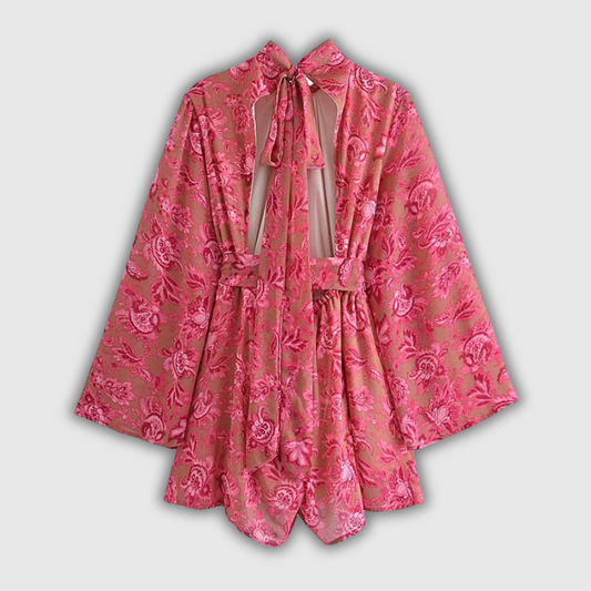 Vintage Red Floral Boho Backless Jumpsuit – Stand Collar Beach Romper for Women