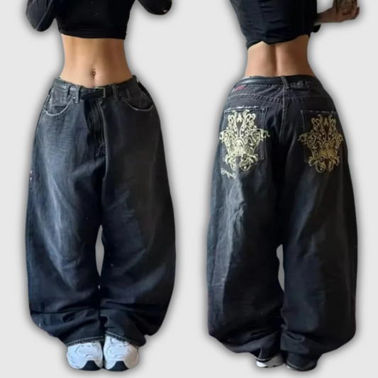 Golden Embroidered Y2K Wide Leg Jeans