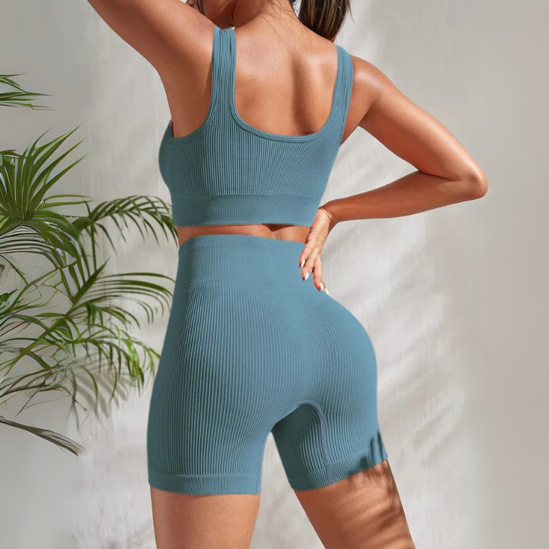 Seamless Ribbed Yoga Set – 2-Piece Gym Suit with High Waist Shorts & Crop Tank for Women