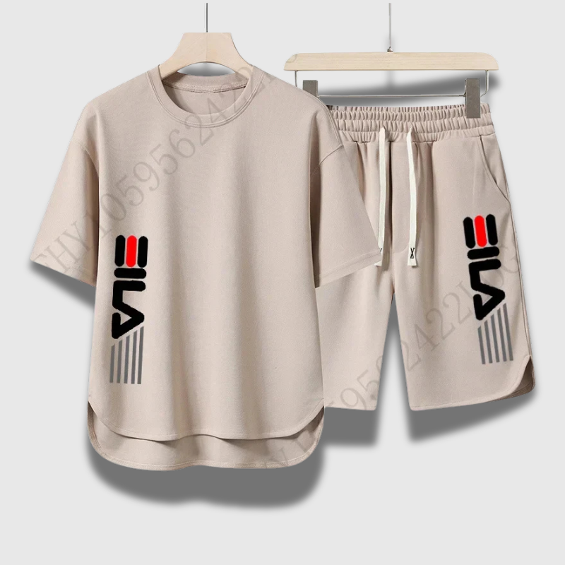 Men’s Summer Fashion Print Two-Piece Set – Casual Crewneck T-Shirt + Breathable Shorts