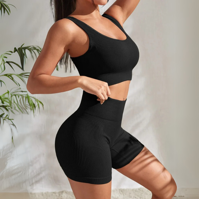 Seamless Ribbed Yoga Set – 2-Piece Gym Suit with High Waist Shorts & Crop Tank for Women