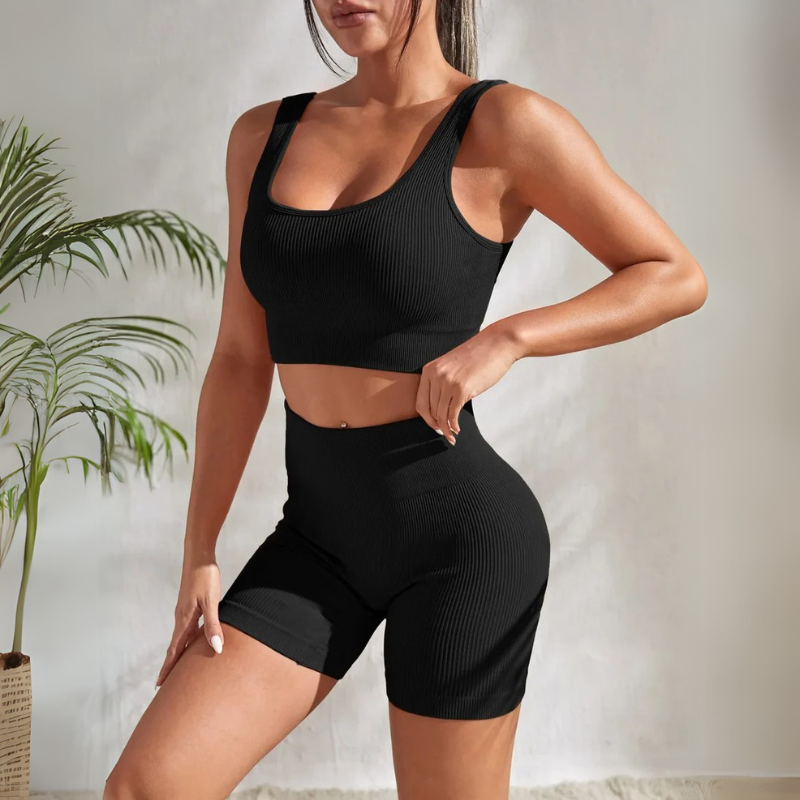 Seamless Ribbed Yoga Set – 2-Piece Gym Suit with High Waist Shorts & Crop Tank for Women