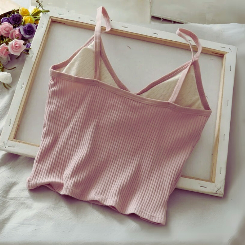 Knitted Strap Crop Camisole – Button Detail Cotton Blend Tank for Women