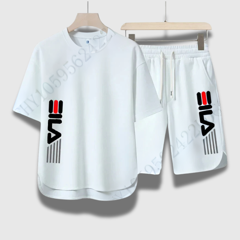 Men’s Summer Fashion Print Two-Piece Set – Casual Crewneck T-Shirt + Breathable Shorts