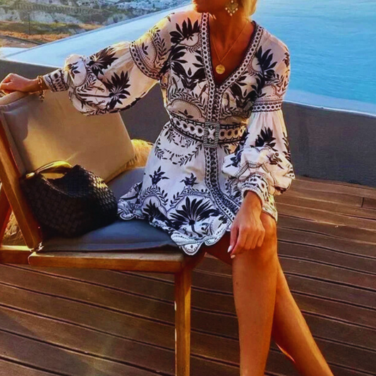 Luxeuria Luxe Summer V-Neck Lantern Sleeve Short Dress
