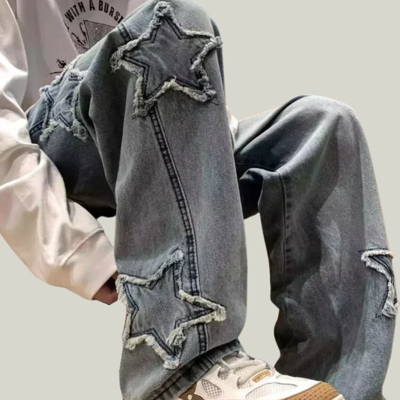 Star Patchwork Y2K Straight Leg Jeans - Men’s Hip Hop Streetwear