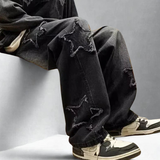 Star Patchwork Y2K Straight Leg Jeans - Men’s Hip Hop Streetwear
