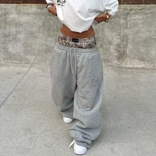Y2K Camouflage Embroidered Streetwear Sweatpants – Unisex Baggy Wide Leg