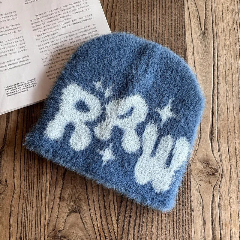 Y2K Letter Plush Beanie — Fluffy Warm Hip Hop Cap