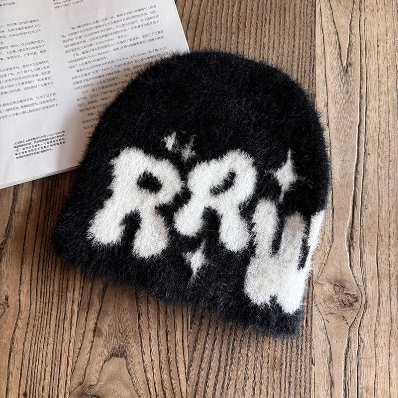 Y2K Letter Plush Beanie — Fluffy Warm Hip Hop Cap
