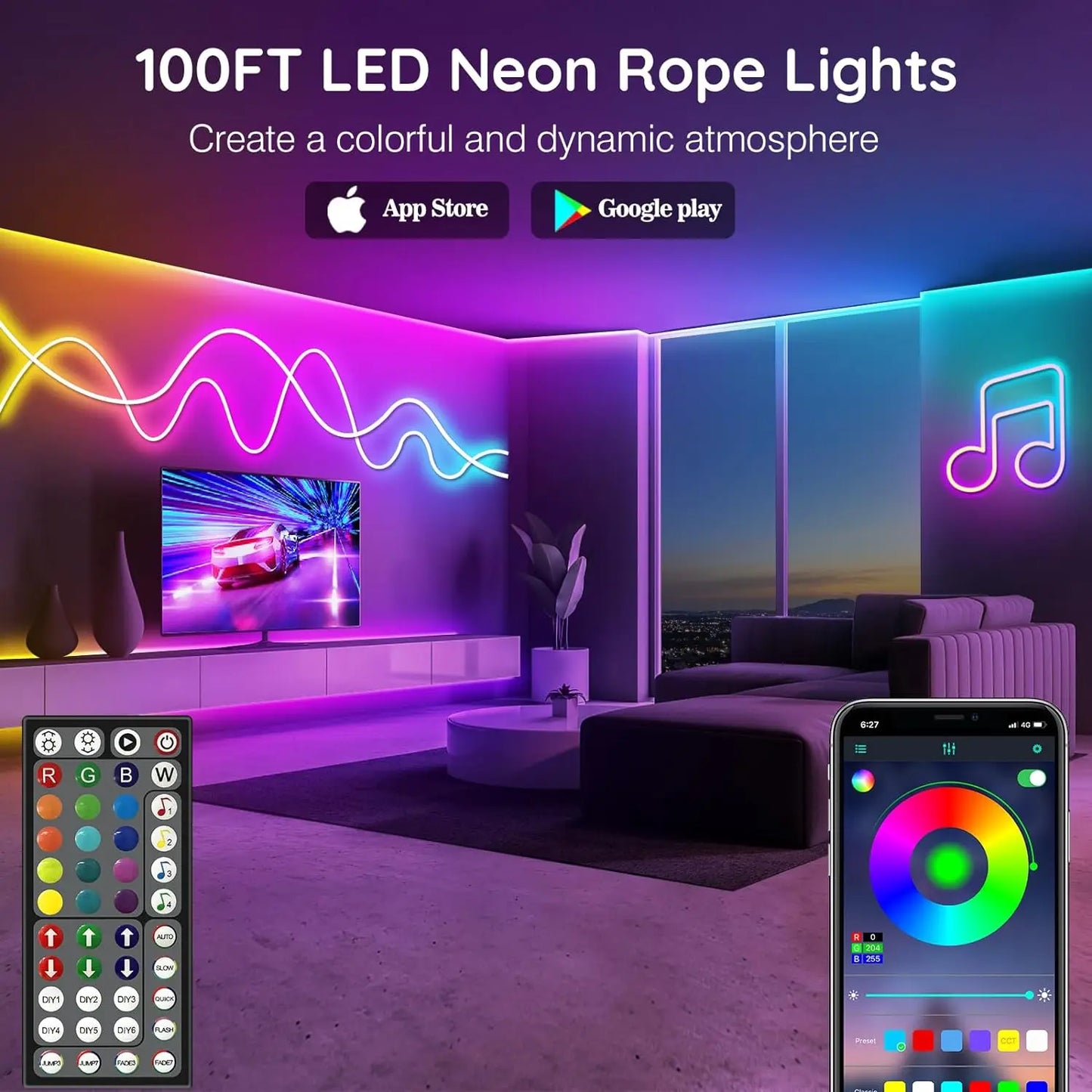 RGB Neon LED Light Strip – Waterproof, Music Sync, APP & Remote Control for Indoor & Outdoor Decor
