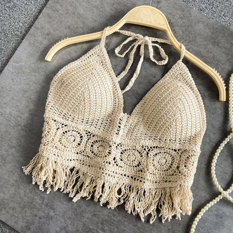 Sexy Boho Beach Holiday Camisole Halter Crochet Knit Swimsuit Bra Backless Vest Tassel Tank Top Women's Crop Tops