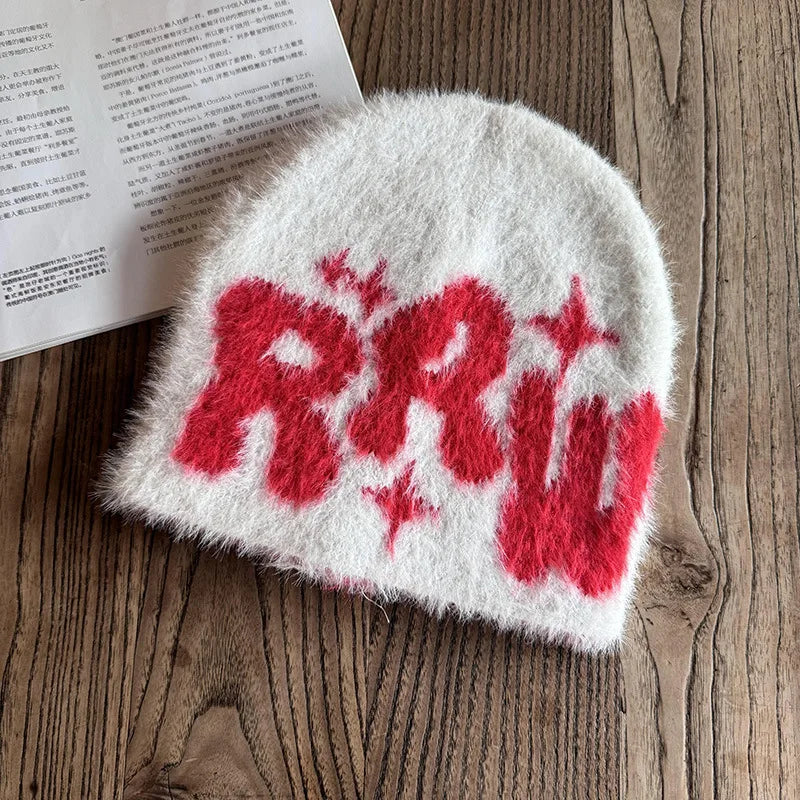 Y2K Letter Plush Beanie — Fluffy Warm Hip Hop Cap