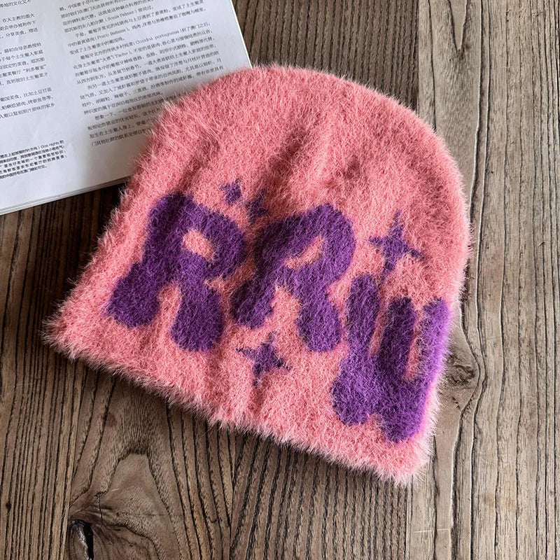 Y2K Letter Plush Beanie — Fluffy Warm Hip Hop Cap