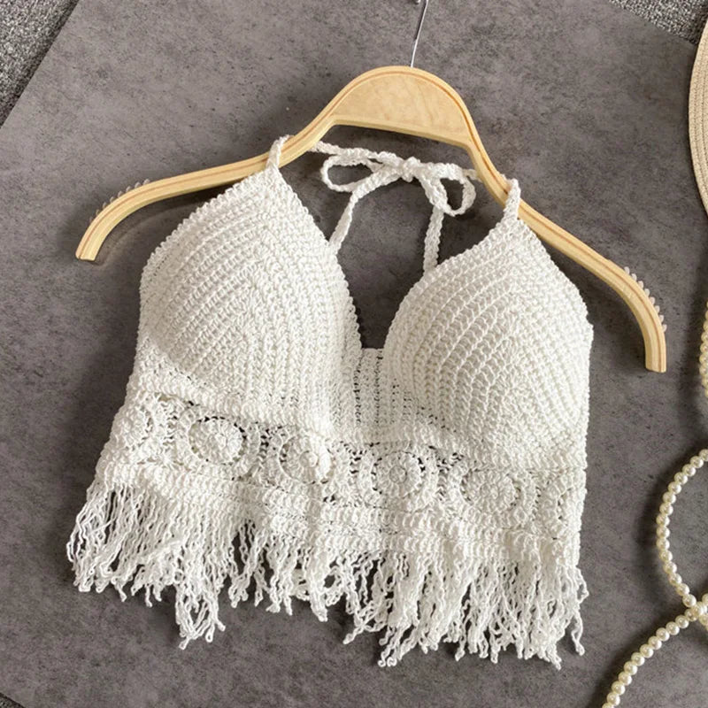 Sexy Boho Beach Holiday Camisole Halter Crochet Knit Swimsuit Bra Backless Vest Tassel Tank Top Women's Crop Tops