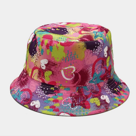 Retro Pink Heart Graffiti Bucket Hat in Cotton – All-Season Casual Look