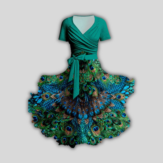 Luxeuria Luxe Women's V-neck Dress Set Vintage Peacock Mandala Print Two-piece Short Sleeve Dress Ensemble