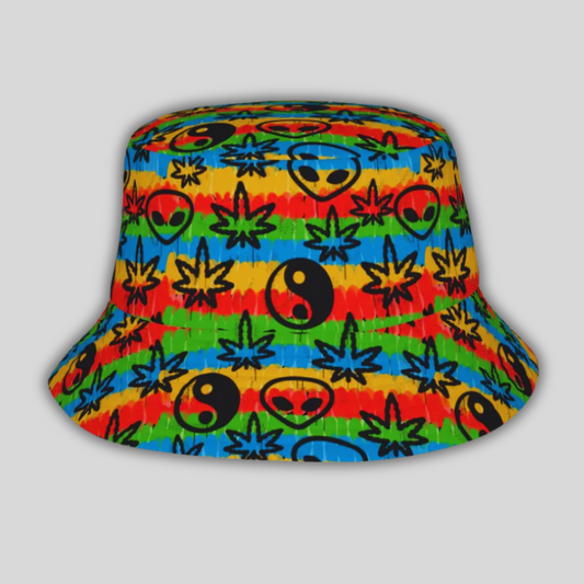 Rasta Tie-Dye Bucket Hat – Cannabis, Yin Yang & Alien Print Hippie Festival Hat
