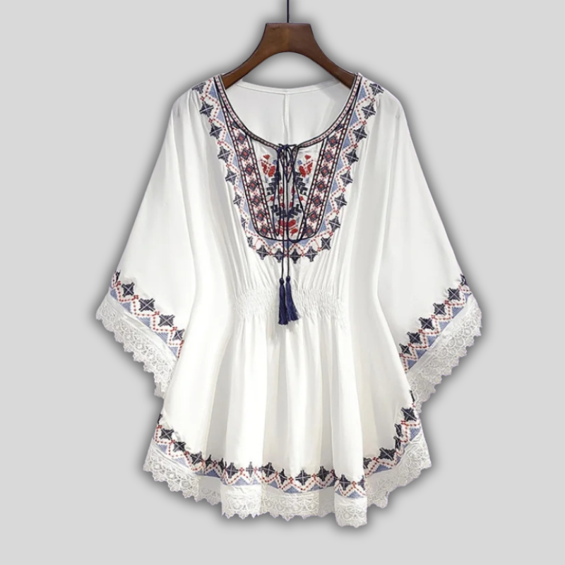 Boho Embroidered Lace-Hem Kimono Top – Retro Loose Cotton Batwing Sleeve Tee
