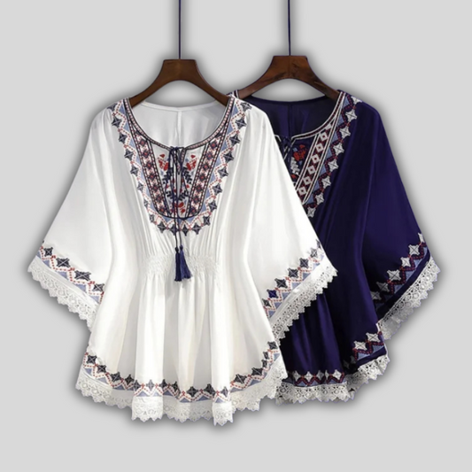 Boho Embroidered Lace-Hem Kimono Top – Retro Loose Cotton Batwing Sleeve Tee