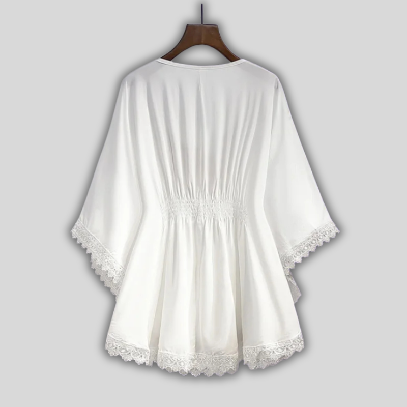 Boho Embroidered Lace-Hem Kimono Top – Retro Loose Cotton Batwing Sleeve Tee