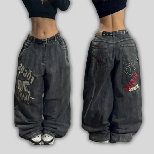 Graffiti Script Washed Y2K Wide Leg Jeans
