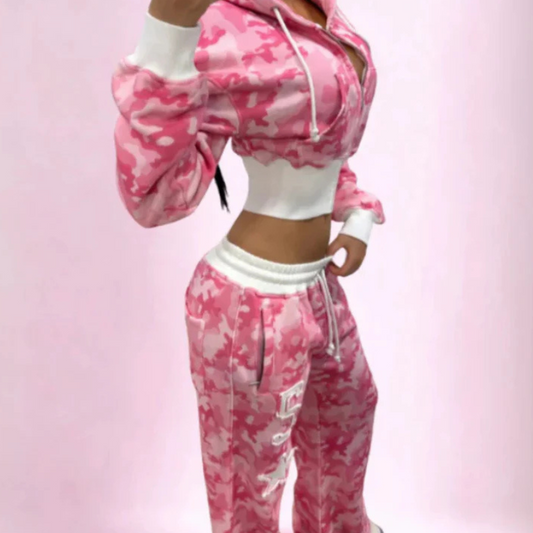 Y2K Pink Camouflage 1+2-Piece Set – Short Zip Hoodie and Sports Pants