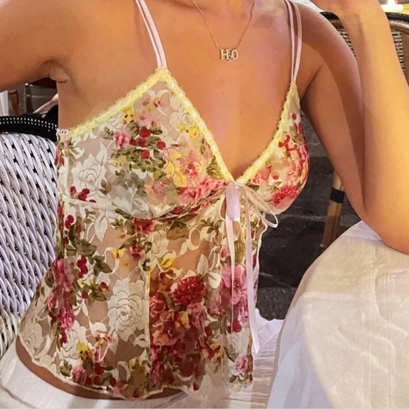 Fairy Coquette Floral Mesh Camisole – Sheer Lace Trim Tie-Up Crop Top