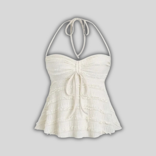Women's Summer Casual Apricot Drawstring Halter Knitted Lace Textured Vest Top