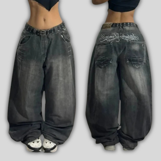 Urban Pulse Lettered Baggy Jeans – Washed Y2K Revival