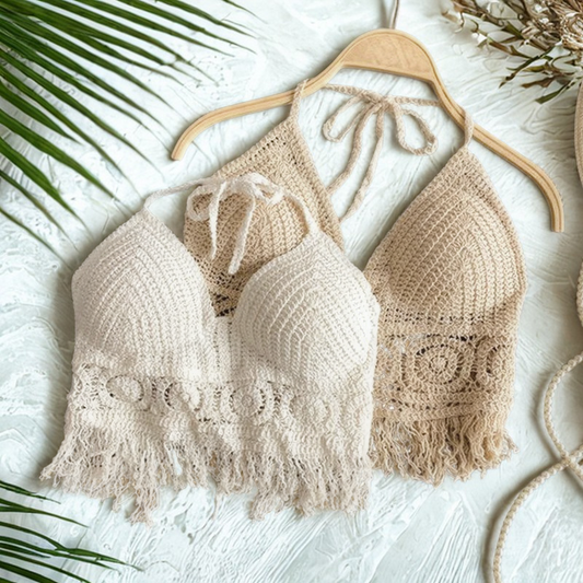 Sexy Boho Beach Holiday Camisole Halter Crochet Knit Swimsuit Bra Backless Vest Tassel Tank Top Women's Crop Tops