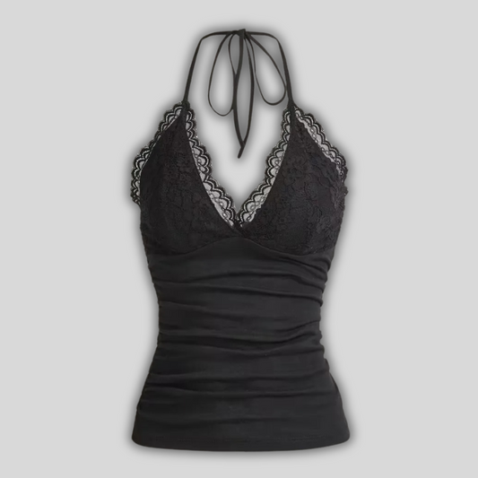 Gothic Lace Backless Halter Top – Y2K Grunge Streetwear
