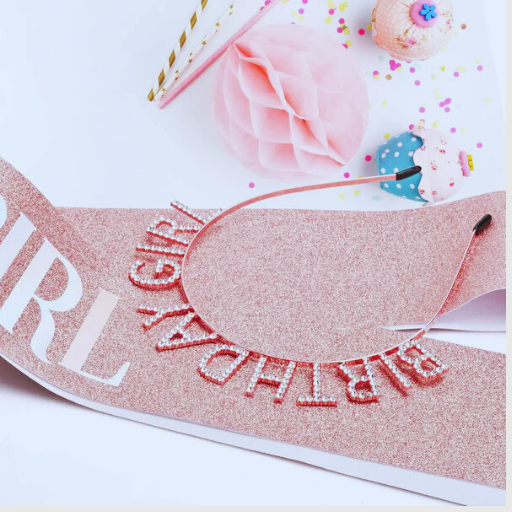 Birthday Crown & Sash Set – Rose Gold Rhinestone Tiara + Glitter Sash