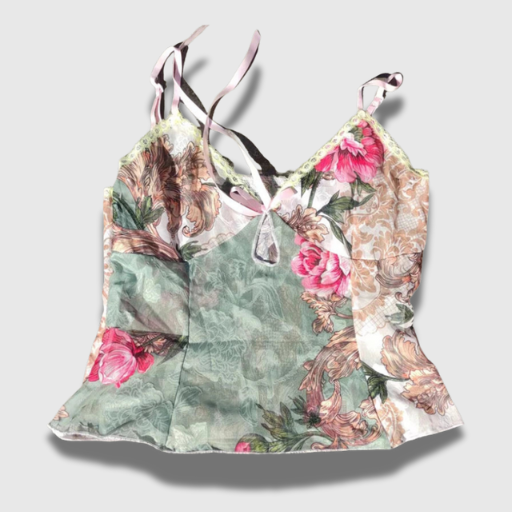 Fairy Coquette Floral Mesh Camisole – Sheer Lace Trim Tie-Up Crop Top